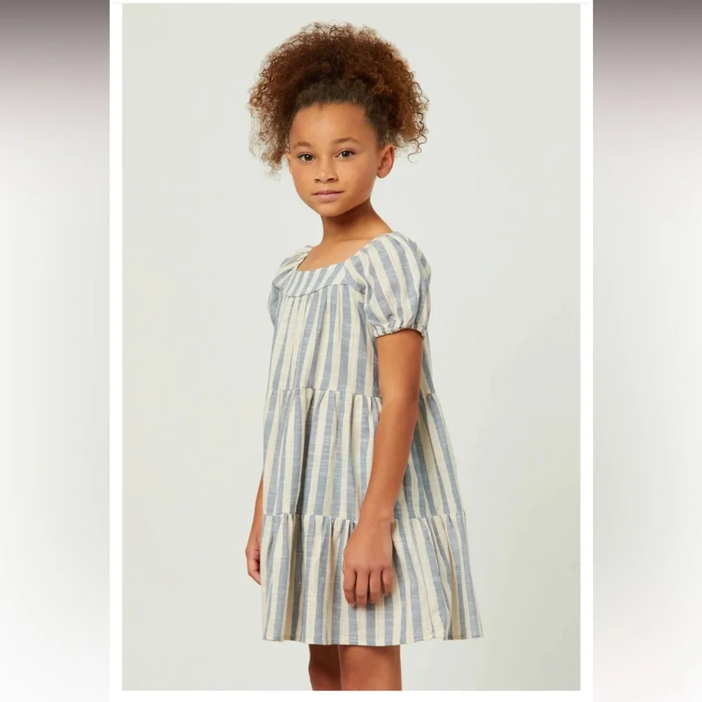 ❌ HAYDEN Striped Puff Sleeve Tiered Cotton Babydoll Dress Girls L